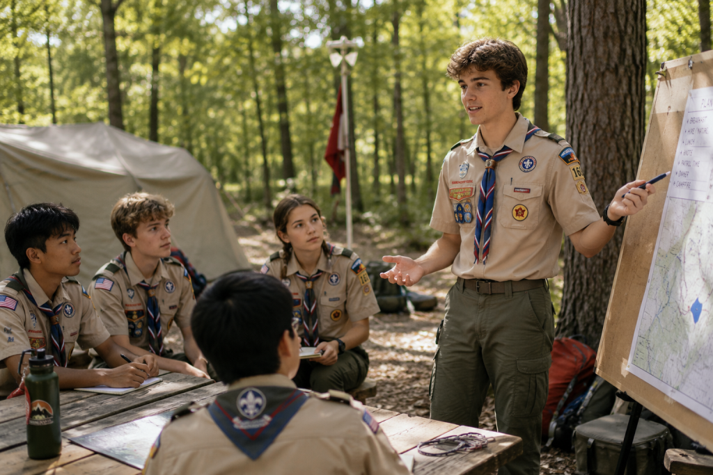 Senior Patrol Leader in a Scouting America uniform leading a planning discussion with Scouts at a wooded campsite.