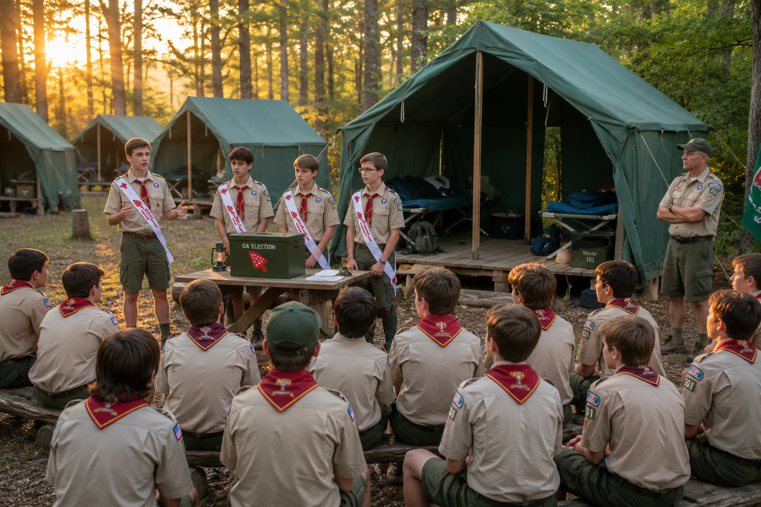 Scouts in uniform gather at sunrise near green canvas wall tents during an Order of the Arrow election at summer camp, while youth leaders wearing OA sashes speak to the troop.