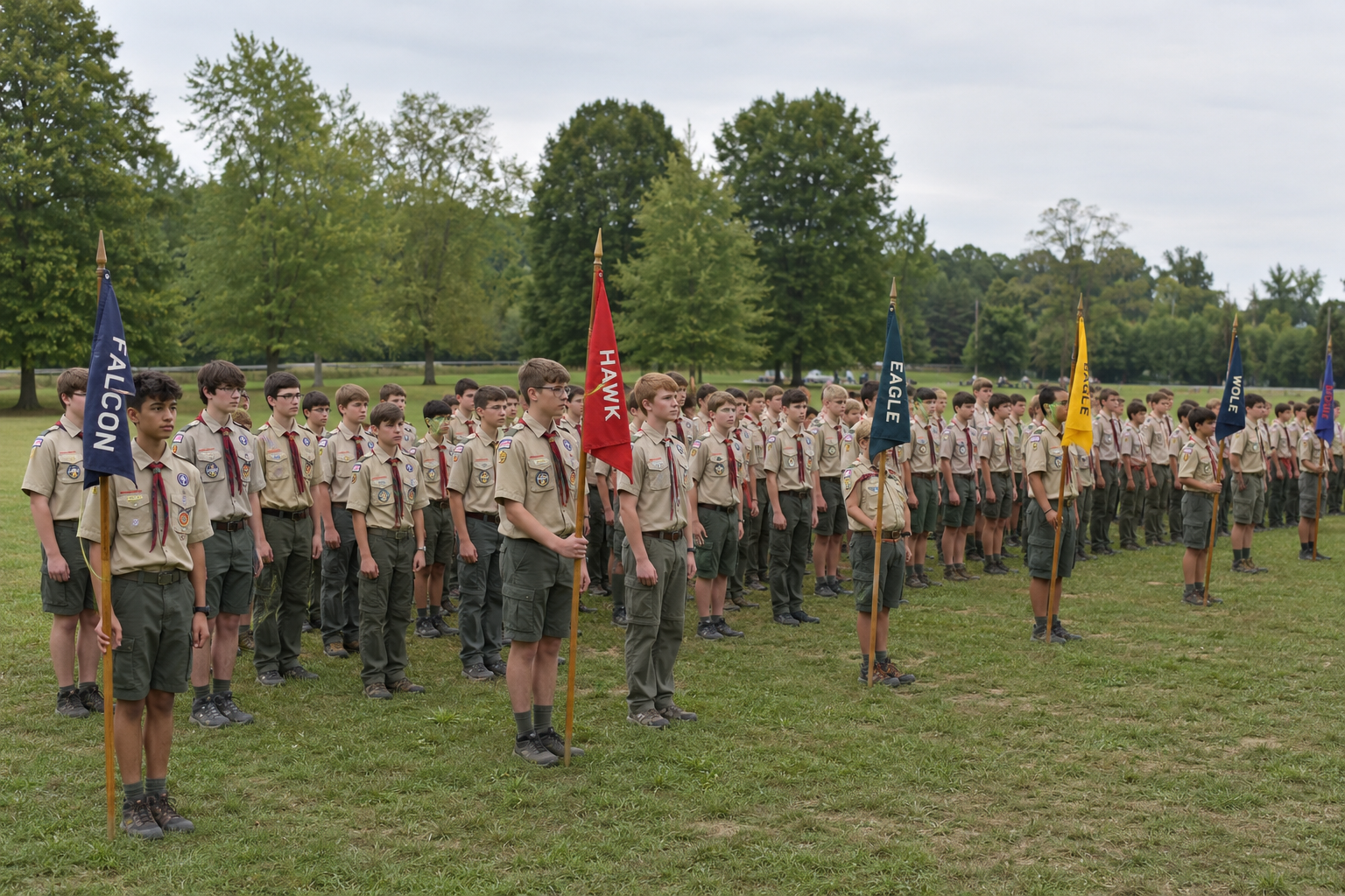 Large Scout troop stands in patrol formation on an outdoor field, with youth patrol leaders holding colorful patrol flags at the front of each line.