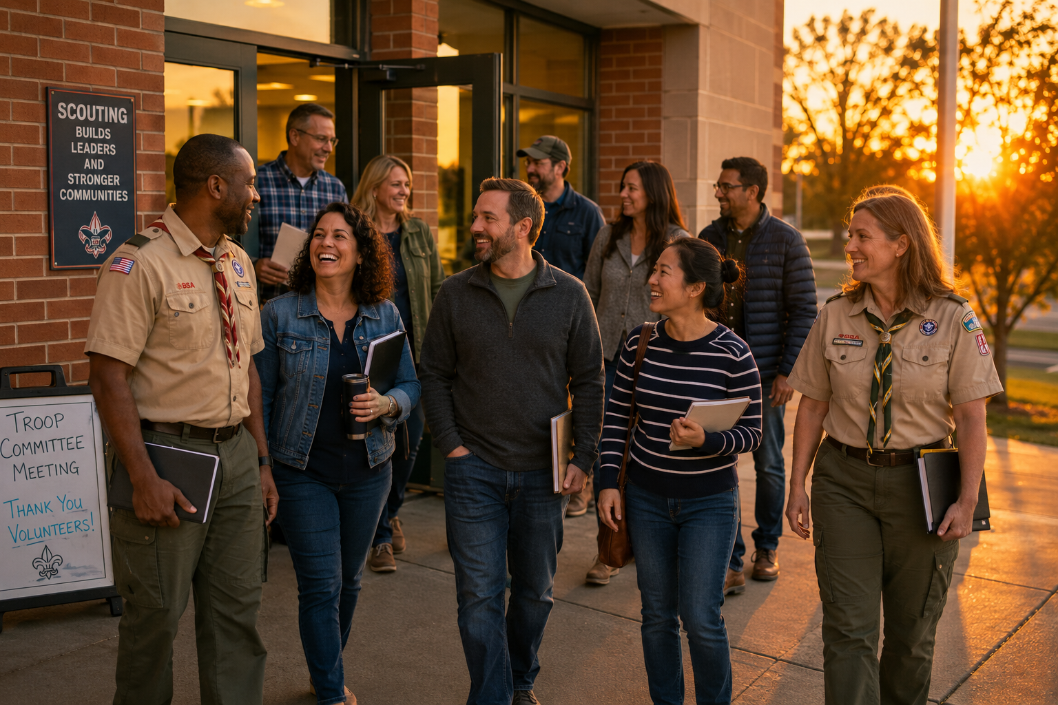 Adult Scout volunteers and parents smile while leaving a troop committee meeting at sunset, with two adults wearing Scout leader uniforms and others carrying notebooks and folders.