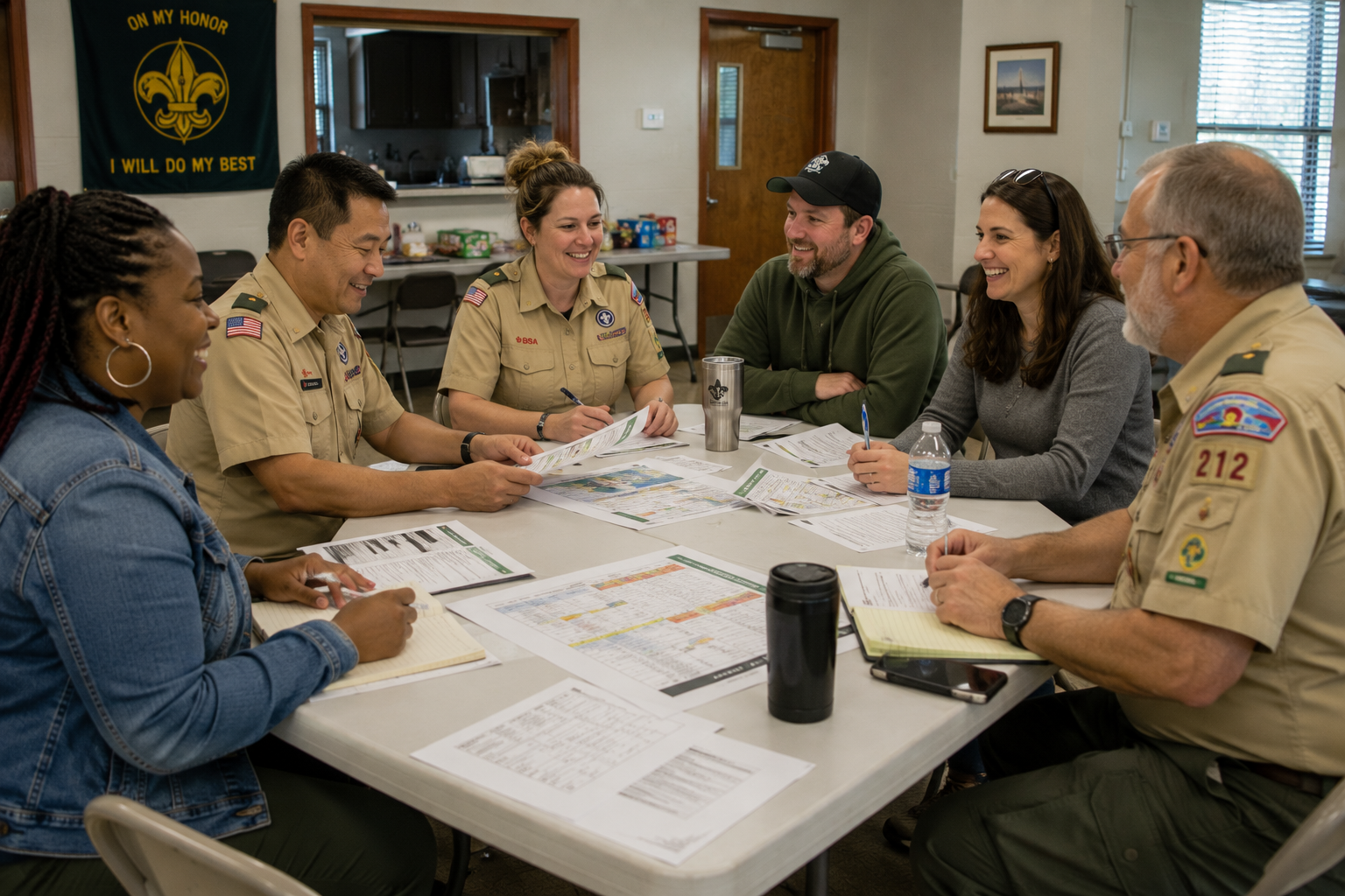 Adult volunteers sit around a folding table during a Scouting troop committee meeting, reviewing printed schedules and planning papers together.