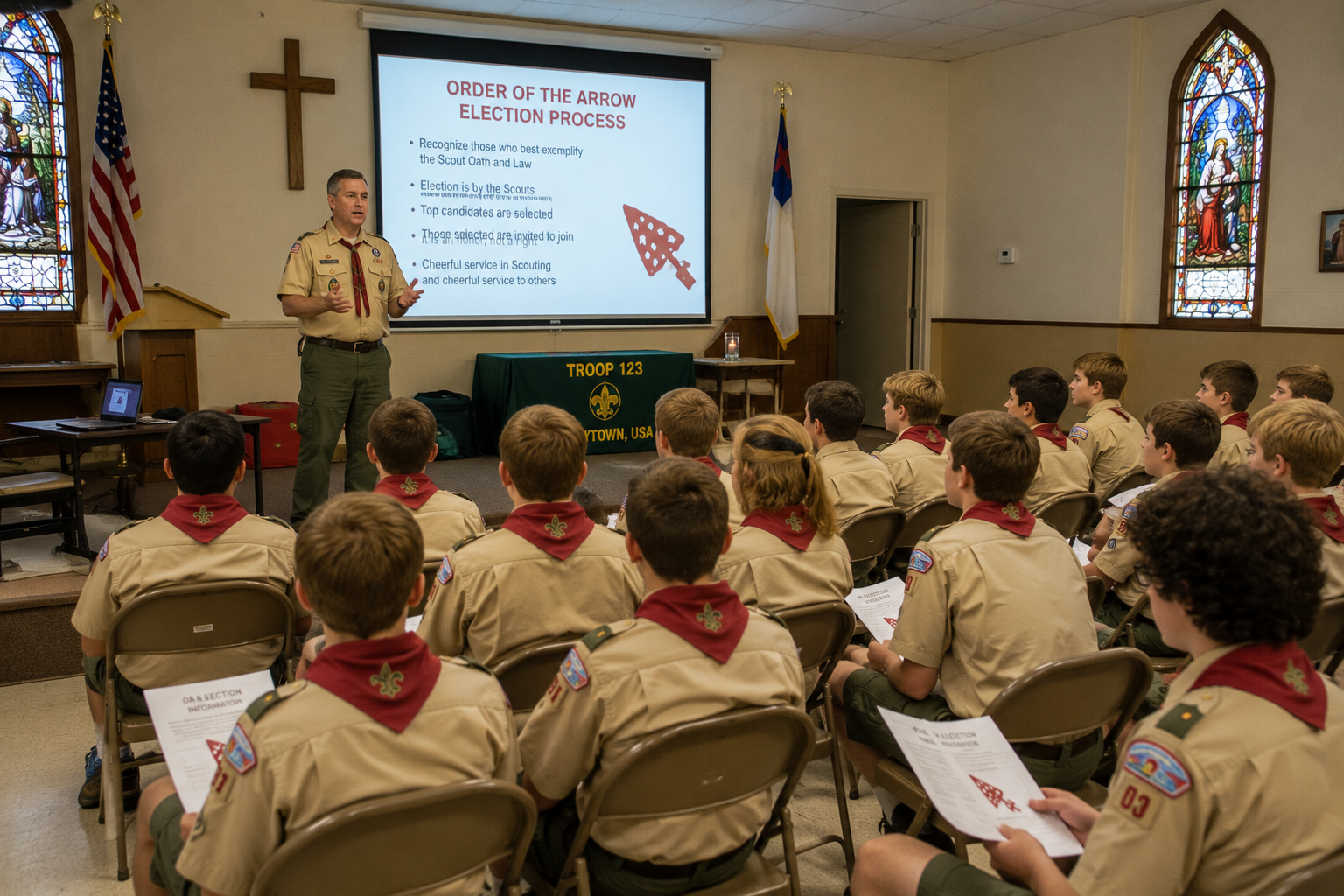 Scoutmaster stands at the front of a church hall explaining the Order of the Arrow election process to seated Scouts holding election papers.