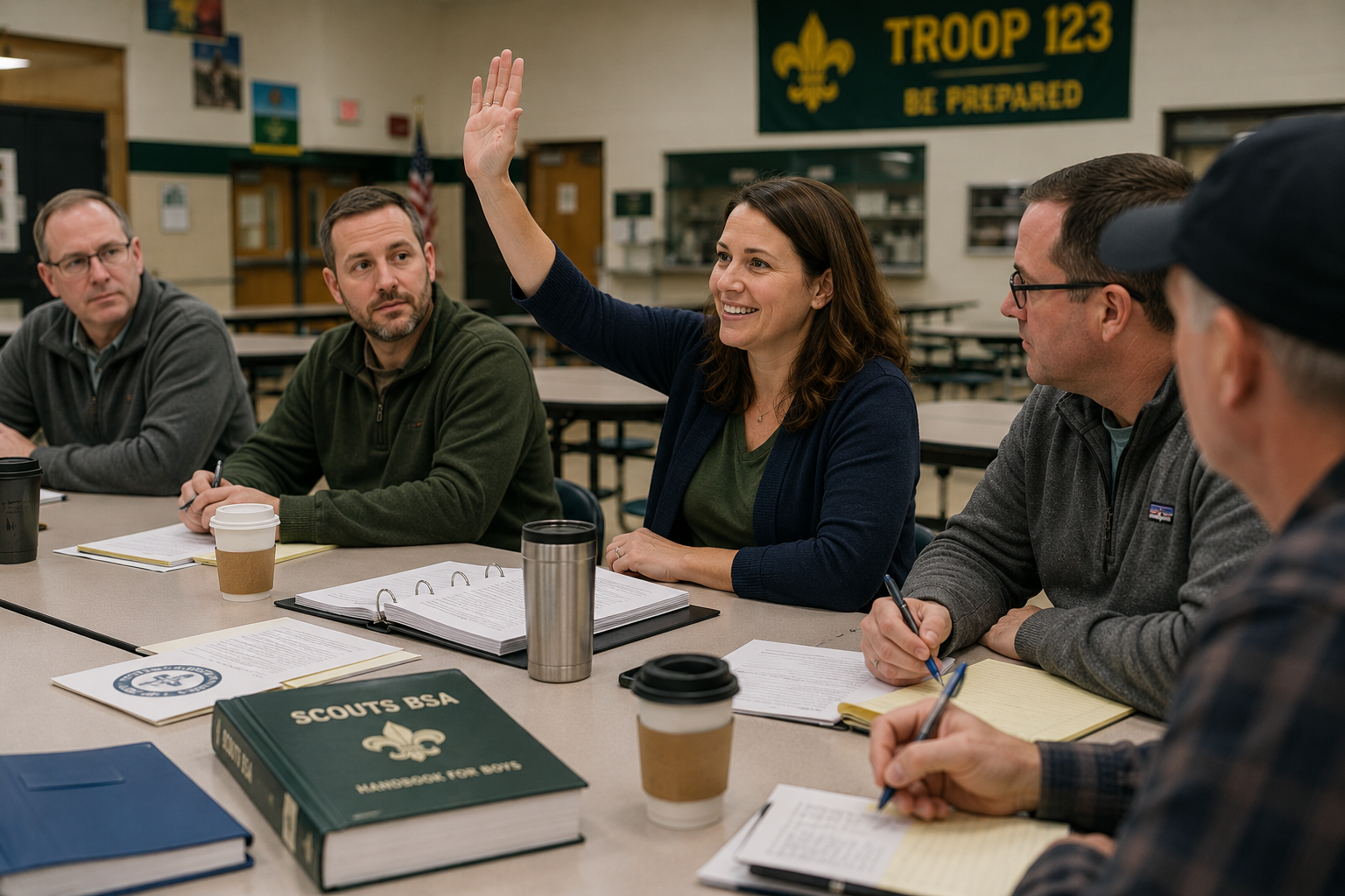 Adult volunteer raises her hand during a Scouts BSA troop committee meeting in a school cafeteria, with coffee cups, papers, notebooks, and a Scouts BSA handbook on the table.