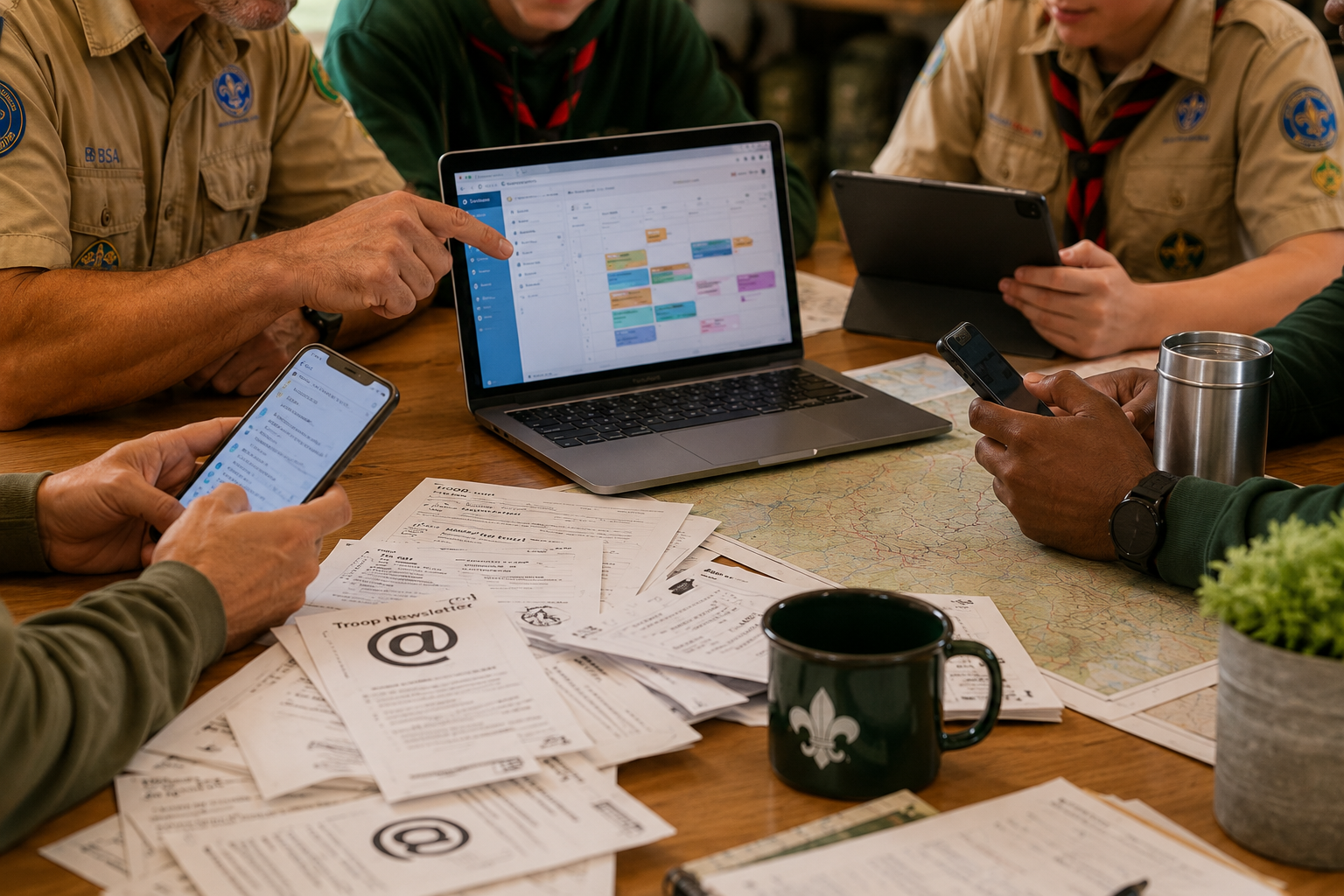 Scouting leaders and youth using a laptop, tablet, and smartphones to organize troop communication and schedules.