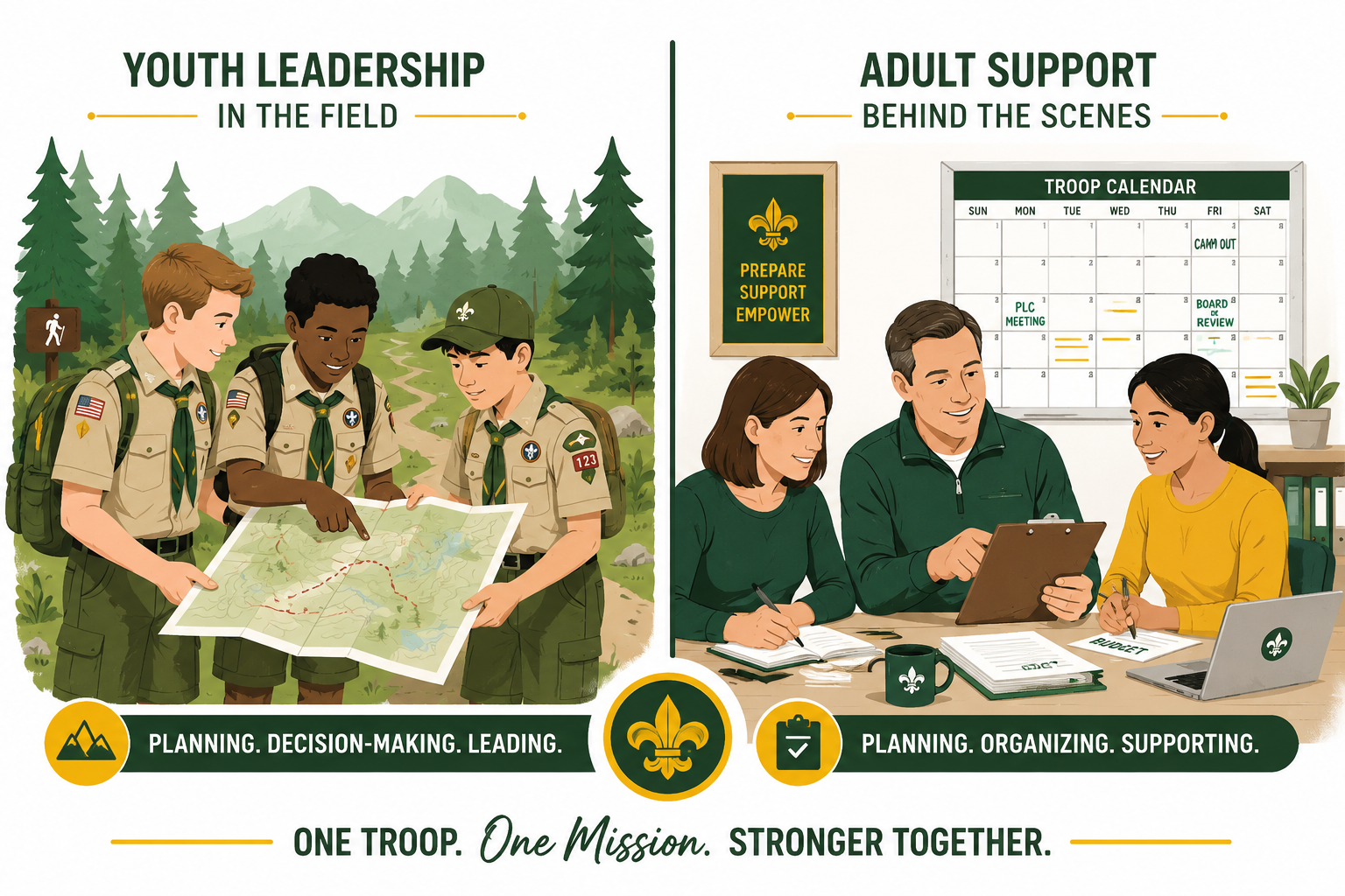 Split-screen illustration showing youth Scouts reviewing a trail map outdoors while adult volunteers plan schedules and support the troop behind the scenes.