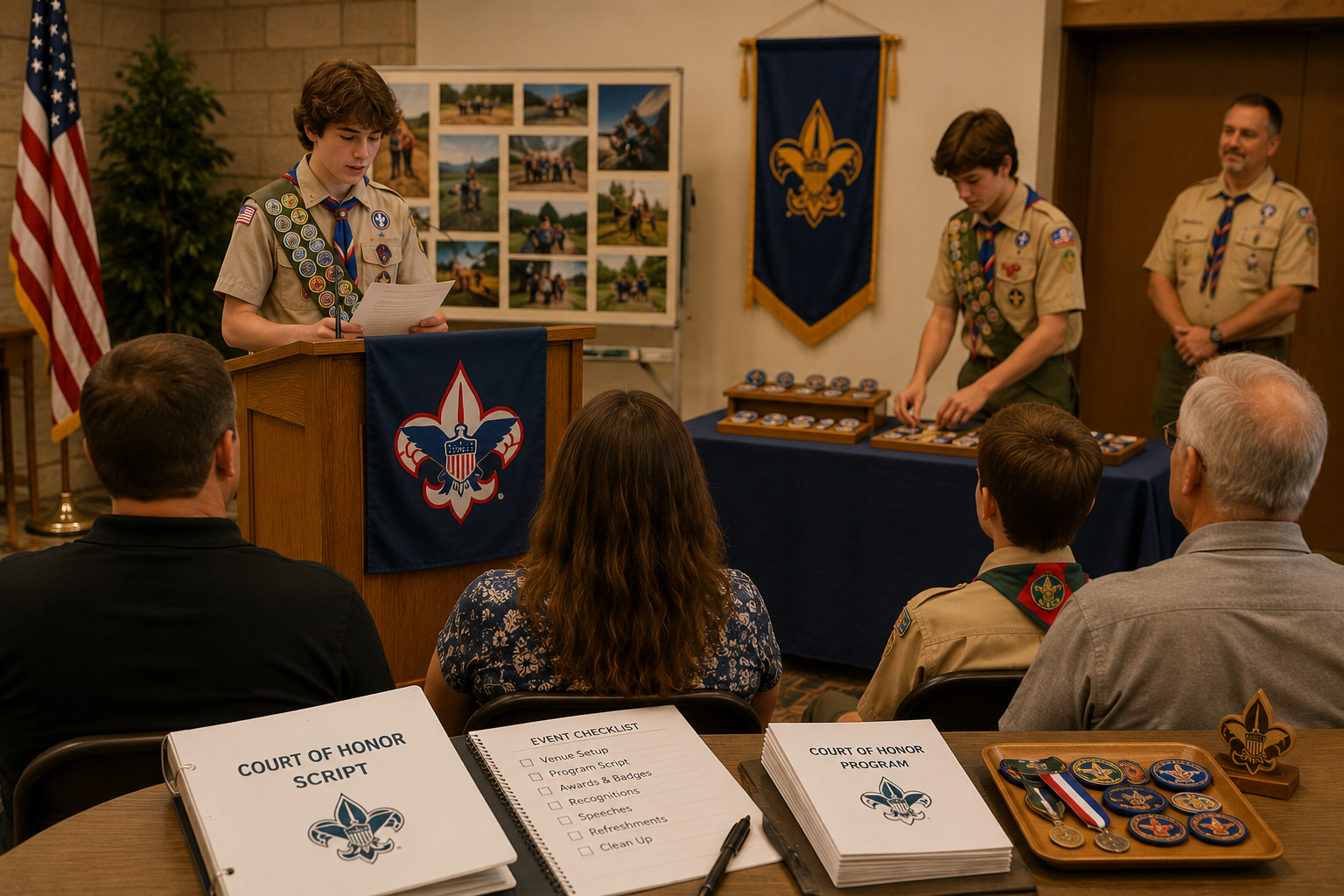 Scout leading a Court of Honor while youth leaders organize awards, scripts, and ceremony materials.